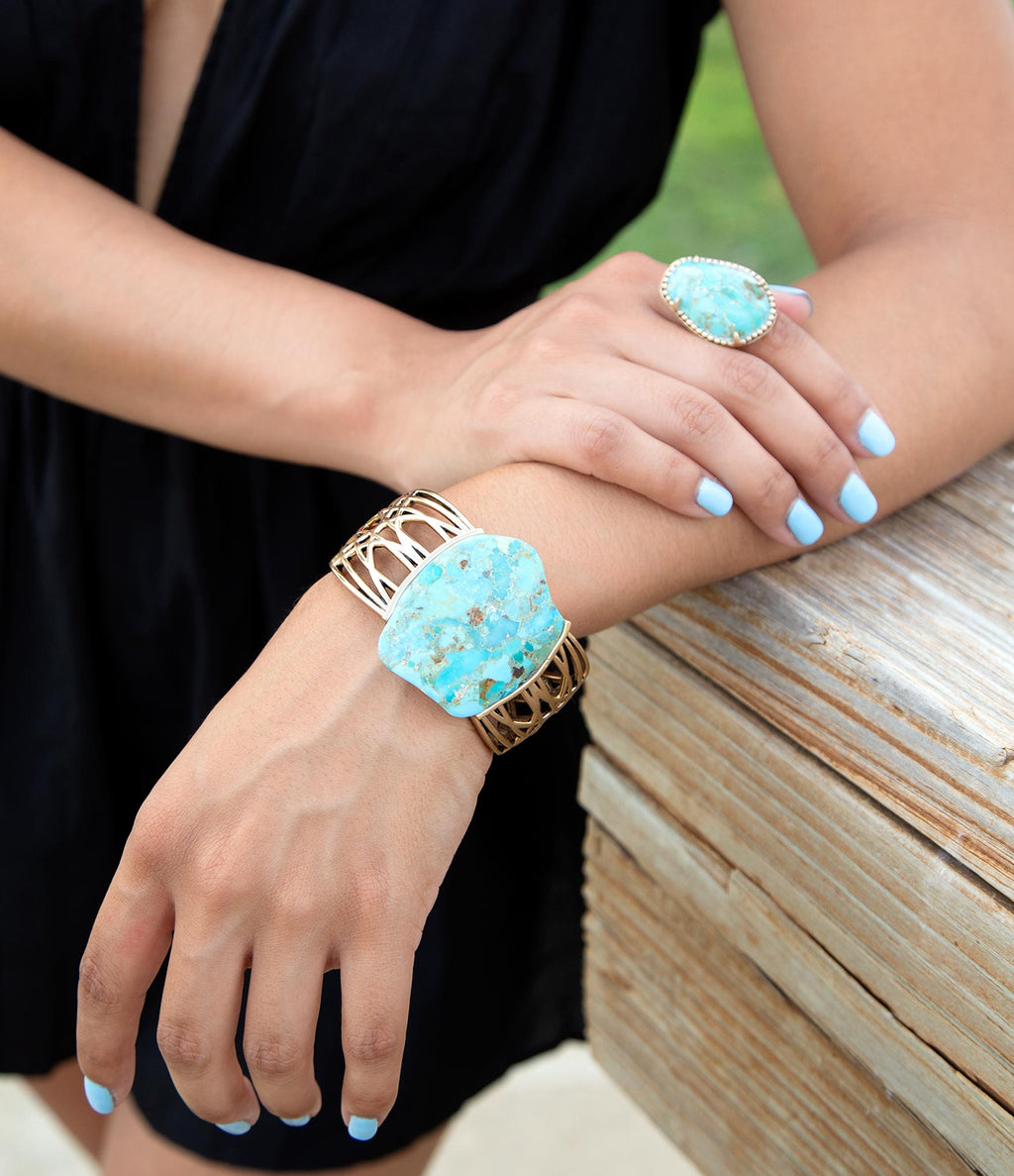 Abstract Blue Turquoise Golden Statement Cuff
